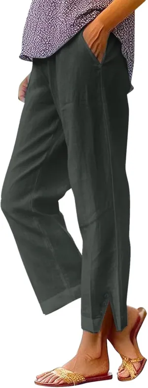 Fleece Lined Leggings Women Elastic Pants Long Drawstring Linen Women Waist Cotton Casual Trousers with Side Pockets