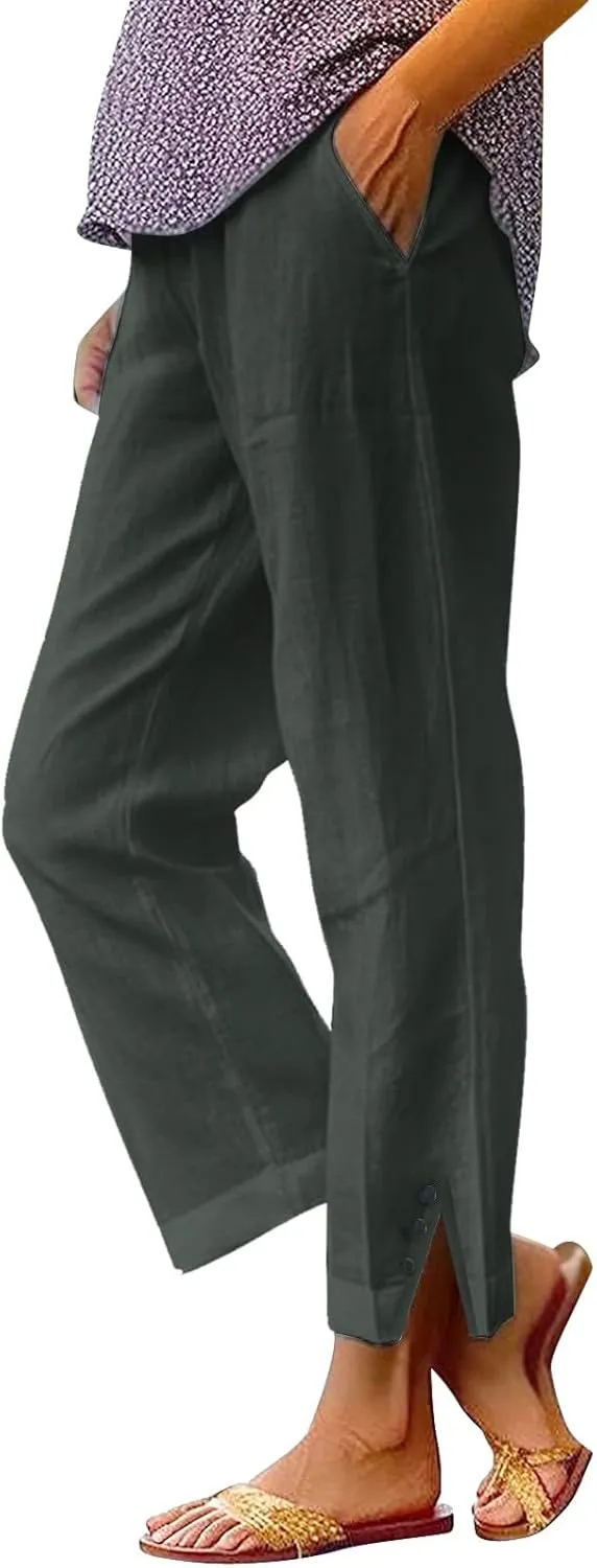 Fleece Lined Leggings Women Elastic Pants Long Drawstring Linen Women Waist Cotton Casual Trousers with Side Pockets