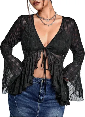 Floerns Women's Plus Size Flare Sleeve Tie Front Tops Ruffle Hem V Neck Tee Shirts