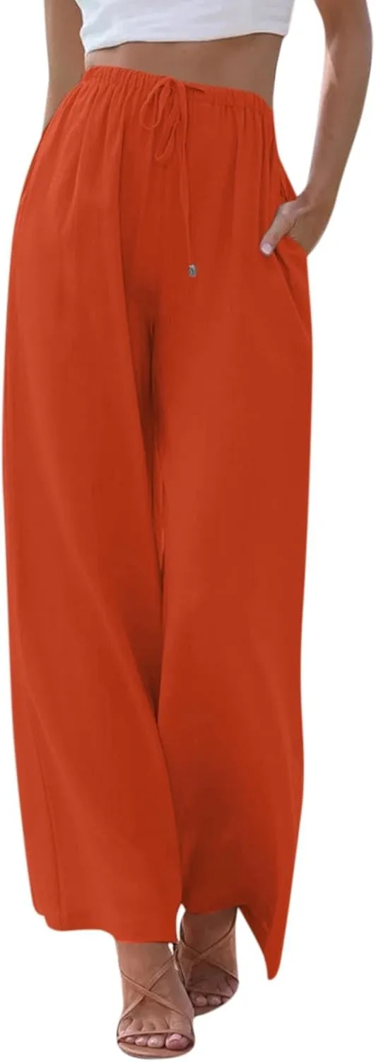 Flowy Linen Pants for Women Boho Casual Beach Wide Leg Trousers Drawstring Elastic Waist Palazzo Pants with Pockets
