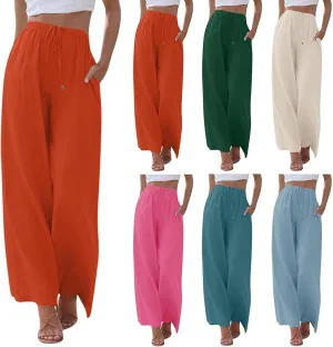 Flowy Linen Pants for Women Boho Casual Beach Wide Leg Trousers Drawstring Elastic Waist Palazzo Pants with Pockets