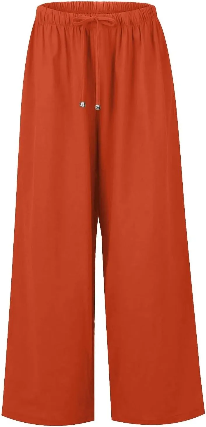 Flowy Linen Pants for Women Boho Casual Beach Wide Leg Trousers Drawstring Elastic Waist Palazzo Pants with Pockets
