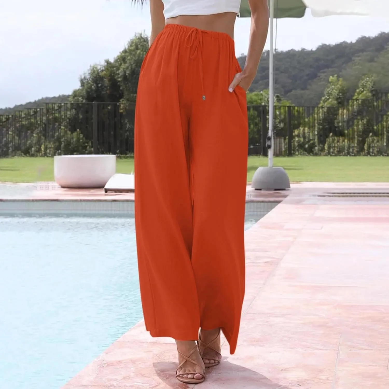 Flowy Linen Pants for Women Boho Casual Beach Wide Leg Trousers Drawstring Elastic Waist Palazzo Pants with Pockets