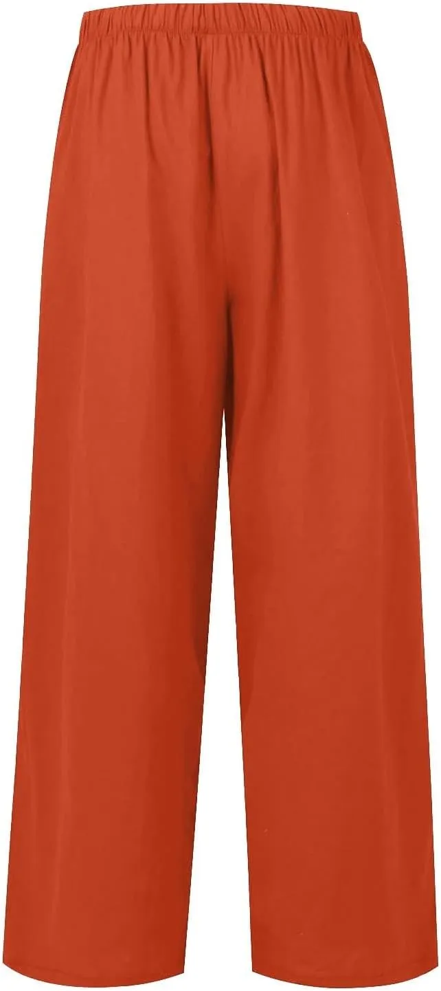 Flowy Linen Pants for Women Boho Casual Beach Wide Leg Trousers Drawstring Elastic Waist Palazzo Pants with Pockets