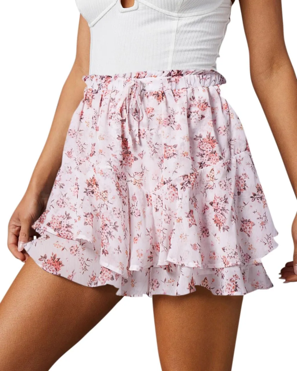 Flowy Shorts for Women Casual Cute Floral Skorts Chiffon Ruffle Tennis Mini Skirts Butterfly Summer Boho Shorts