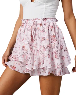 Flowy Shorts for Women Casual Cute Floral Skorts Chiffon Ruffle Tennis Mini Skirts Butterfly Summer Boho Shorts