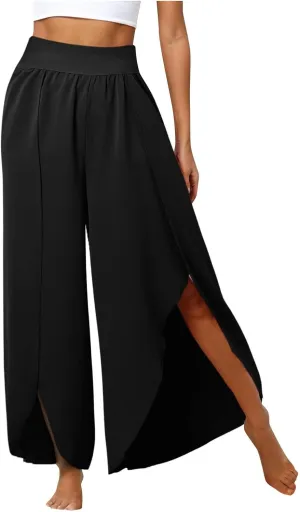 Flowy Wide Leg Pants for Women High Waisted Split Yoga Pants Loose Casual Palazzo Pants Stretch Dress Lounge Beach Pants