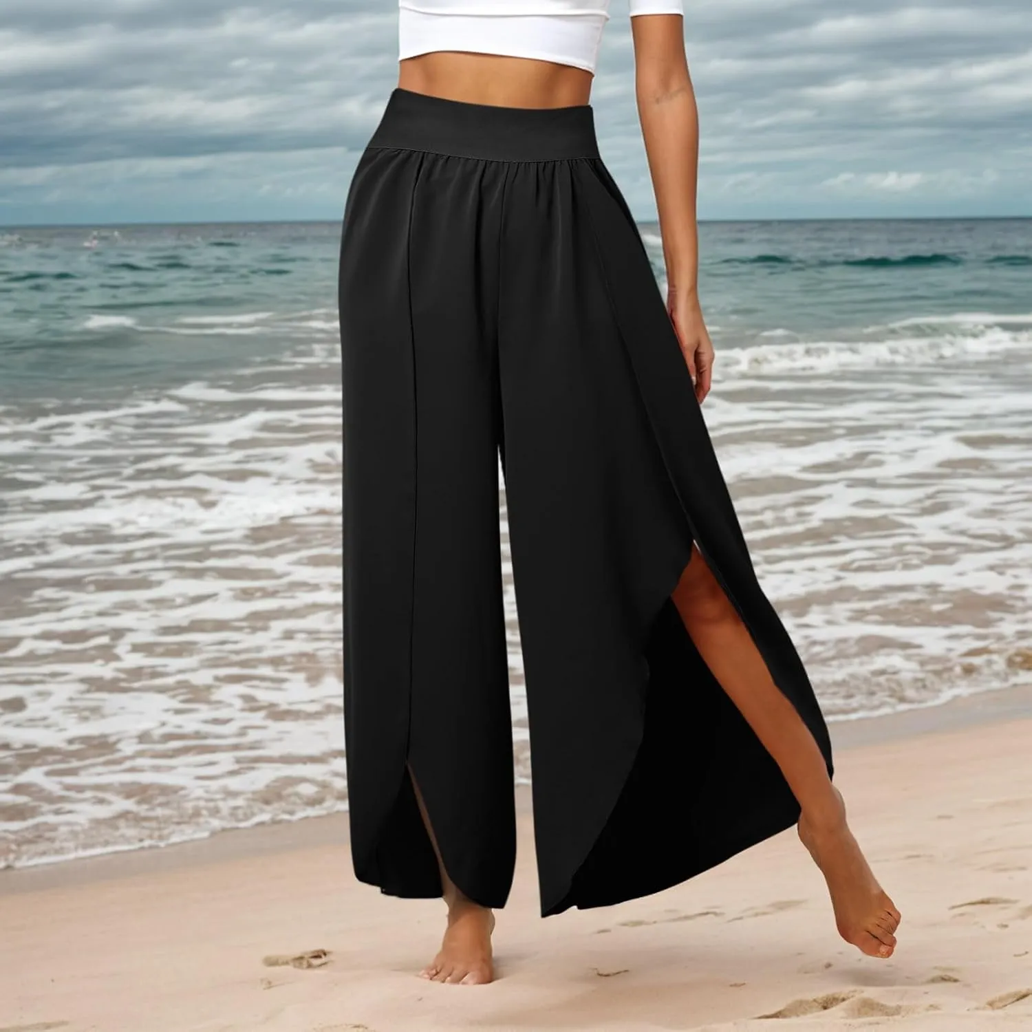 Flowy Wide Leg Pants for Women High Waisted Split Yoga Pants Loose Casual Palazzo Pants Stretch Dress Lounge Beach Pants