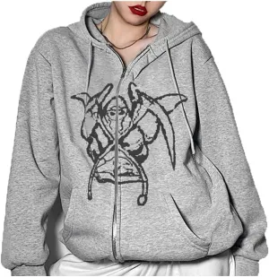 Franhais Gothic Zip Up Hoodie Oversized Women Sweatshirt Harajuku Punk E-Girls Y2K Aesthetic Autumn Outwear Jacket