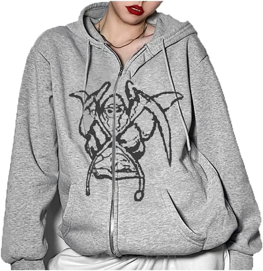 Franhais Gothic Zip Up Hoodie Oversized Women Sweatshirt Harajuku Punk E-Girls Y2K Aesthetic Autumn Outwear Jacket
