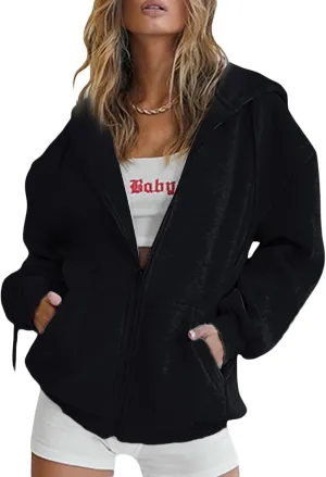 Franhais Womens Zip Up Oversized Hoodies Y2k Long Sleeve Drawstring Vintage Sweatshirts Aesthetic Pullover JacketStreetwear