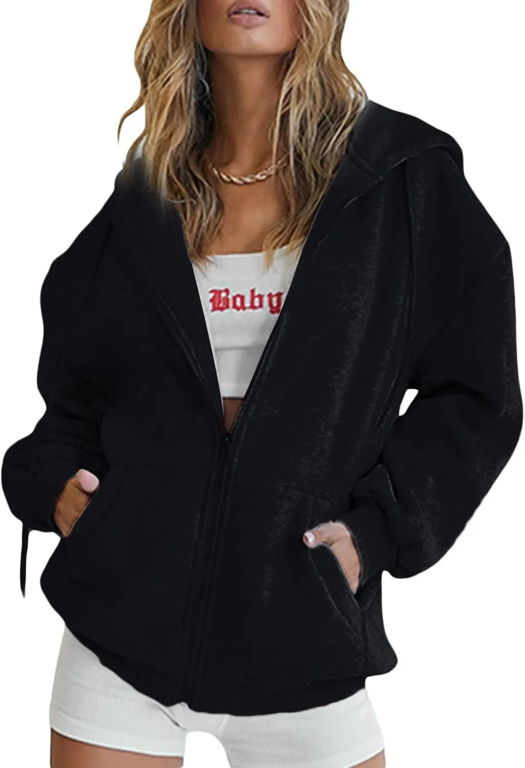 Franhais Womens Zip Up Oversized Hoodies Y2k Long Sleeve Drawstring Vintage Sweatshirts Aesthetic Pullover JacketStreetwear