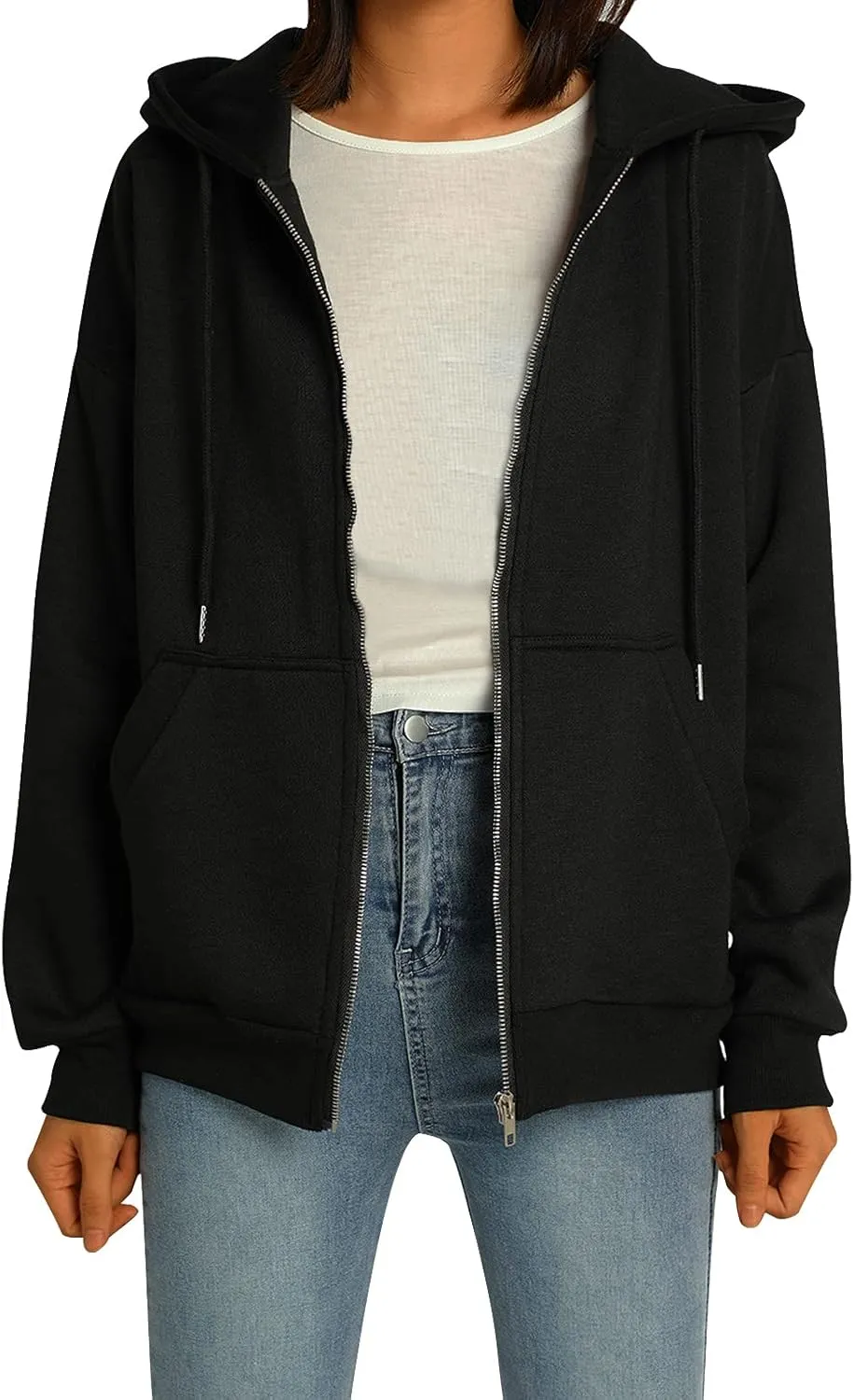 Franhais Womens Zip Up Oversized Hoodies Y2k Long Sleeve Drawstring Vintage Sweatshirts Aesthetic Pullover JacketStreetwear