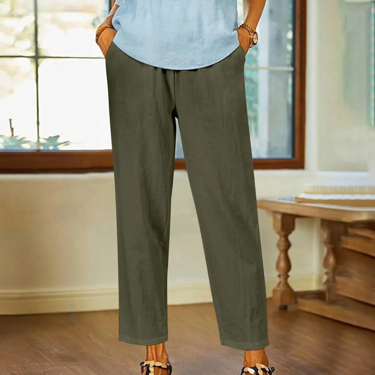 FZYLQY Linen Pants for Women Straight Leg Summer Trendy Elastic Waist Palazzo Beach Loose Fit Cropped Trousers with Pockets