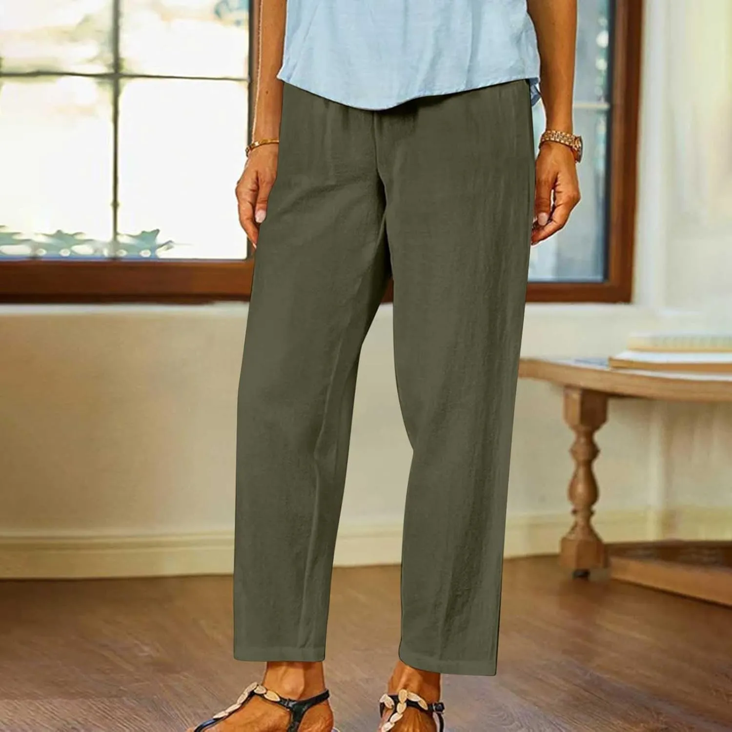 FZYLQY Linen Pants for Women Straight Leg Summer Trendy Elastic Waist Palazzo Beach Loose Fit Cropped Trousers with Pockets
