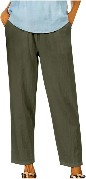 FZYLQY Linen Pants for Women Straight Leg Summer Trendy Elastic Waist Palazzo Beach Loose Fit Cropped Trousers with Pockets