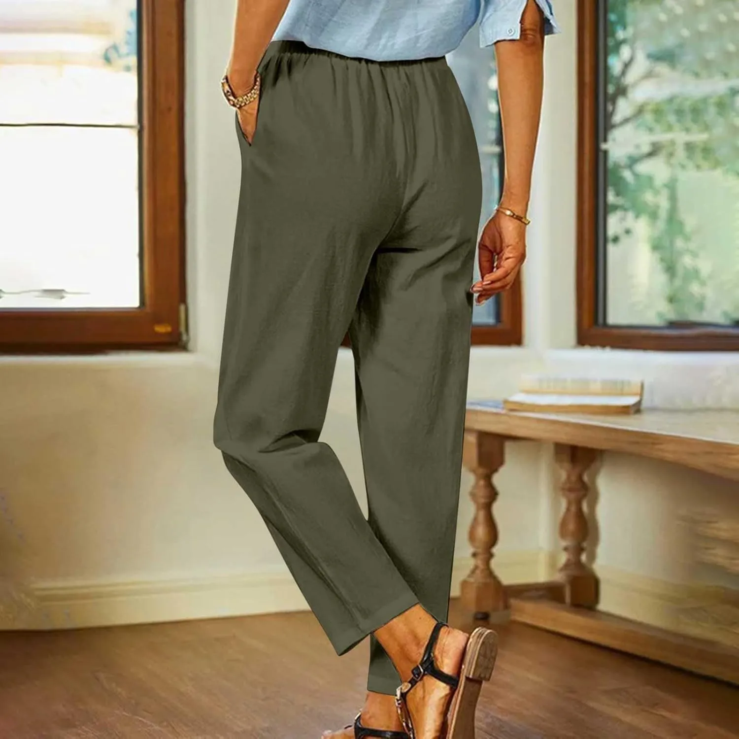 FZYLQY Linen Pants for Women Straight Leg Summer Trendy Elastic Waist Palazzo Beach Loose Fit Cropped Trousers with Pockets