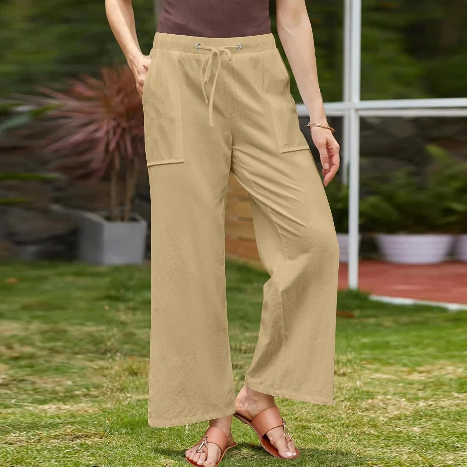 FZYLQY Wide Leg Linen Pants Women Summer Casual 2025 Drawstring High Waisted Trousers with Pockets Plus Size Comfy Pants