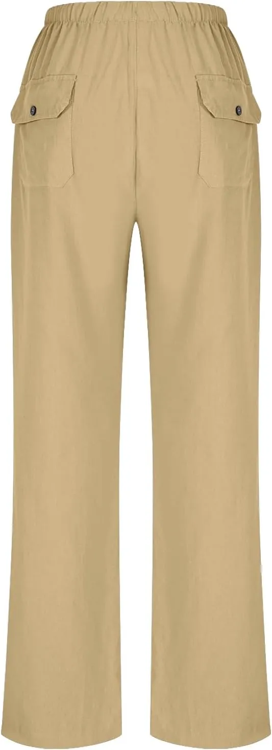 FZYLQY Wide Leg Linen Pants Women Summer Casual 2025 Drawstring High Waisted Trousers with Pockets Plus Size Comfy Pants