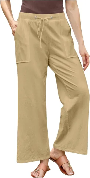 FZYLQY Wide Leg Linen Pants Women Summer Casual 2025 Drawstring High Waisted Trousers with Pockets Plus Size Comfy Pants