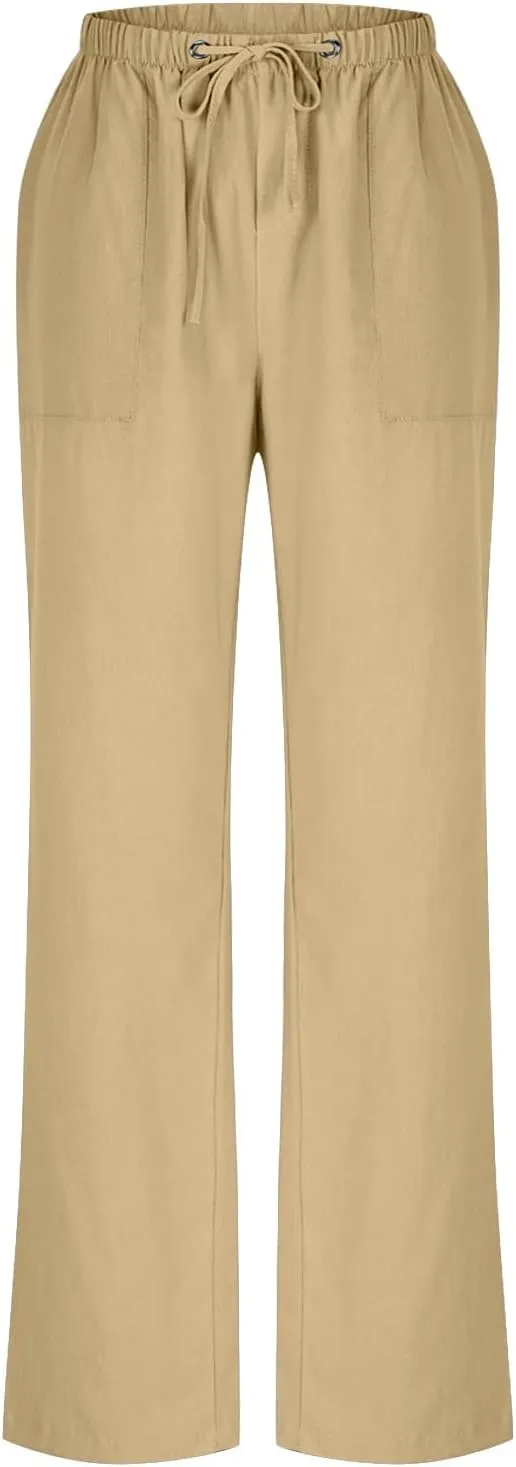 FZYLQY Wide Leg Linen Pants Women Summer Casual 2025 Drawstring High Waisted Trousers with Pockets Plus Size Comfy Pants
