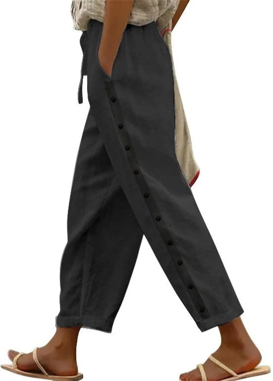 Gauze Pants for Women Casual Summer Striped Side Button Elastic Waist Trendy Pants Straight Leg Baggy Trousers