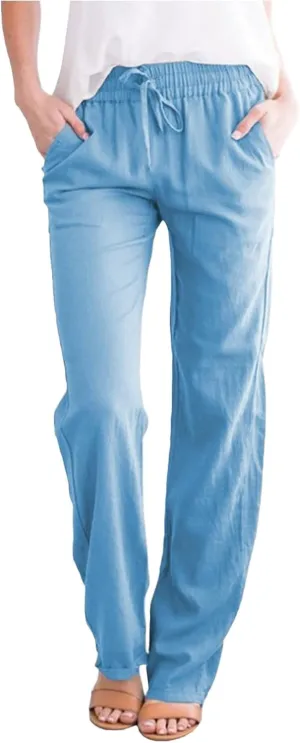 GIERIDUC Womens Linen Pants 2025 Spring Casual Loose Wide Leg Palazzo Pants Drawstring High Waist Flowy Summer Beach Trousers