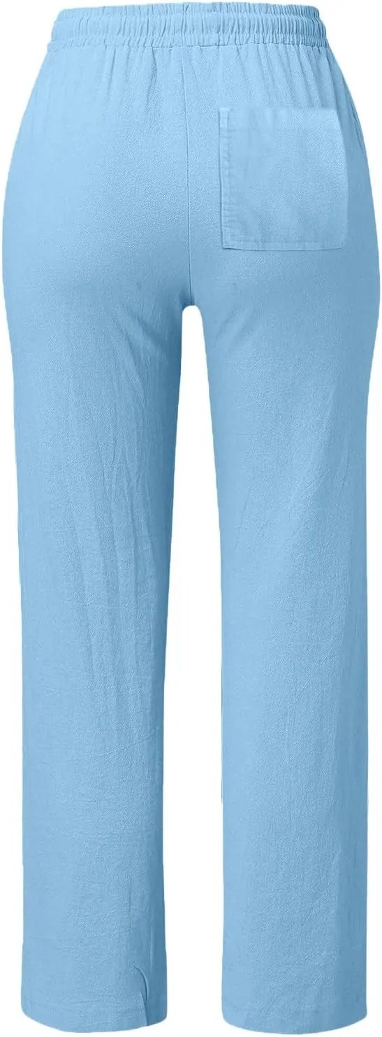 GIERIDUC Womens Linen Pants 2025 Spring Casual Loose Wide Leg Palazzo Pants Drawstring High Waist Flowy Summer Beach Trousers
