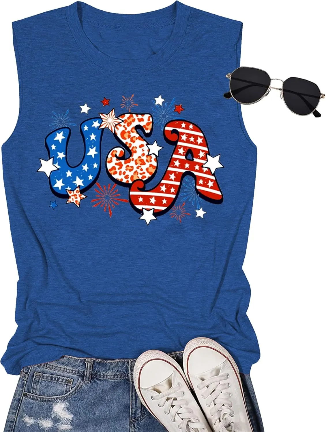 Gnome 4th of July Tank Top Women Patriotic USA Flag Shirt American Flag Sleeveless Tee