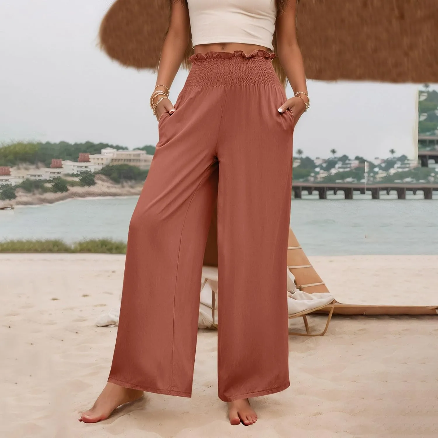 GOFULY Cotton Linen Pants for Women Wide Leg Trendy High Rise Pants Elastic Waist 2025 Summer Soft Solid Trouser with Pockets