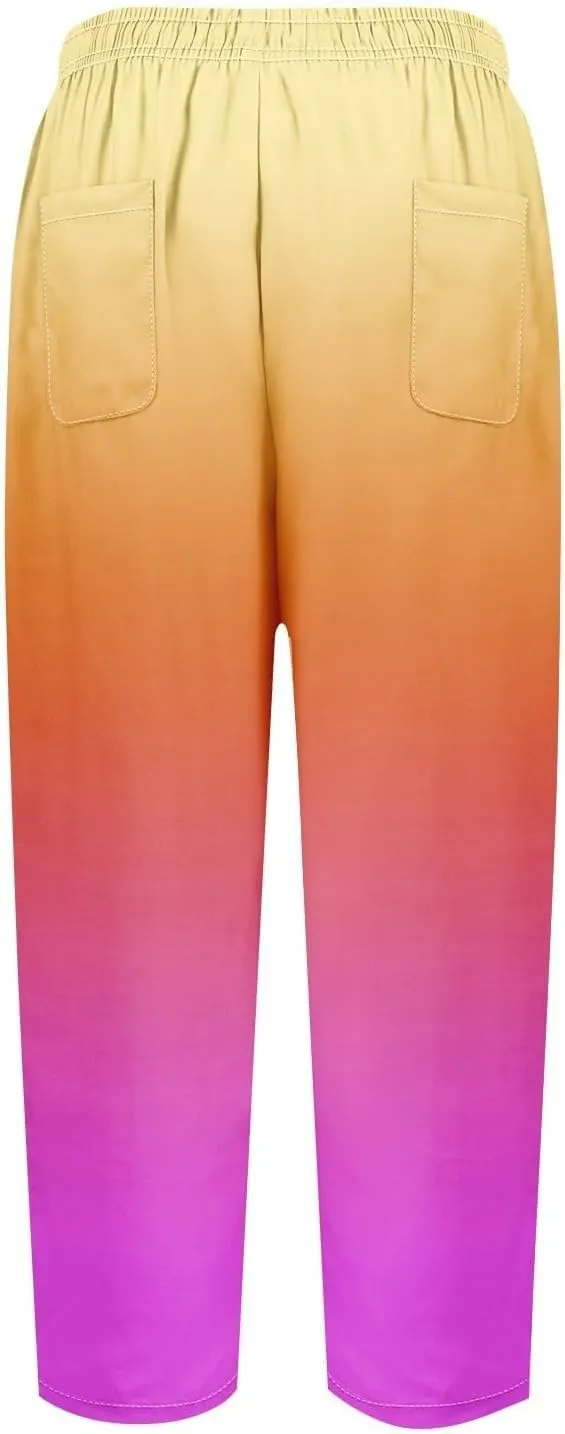 Gradient Color Pants for Women Summer Lacing Up High Waisted Tapered Trousers Lightweight Quick Dry Loose Capris with Pockets