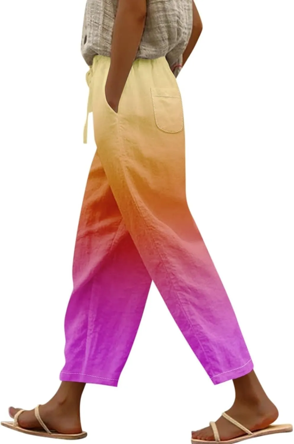Gradient Color Pants for Women Summer Lacing Up High Waisted Tapered Trousers Lightweight Quick Dry Loose Capris with Pockets