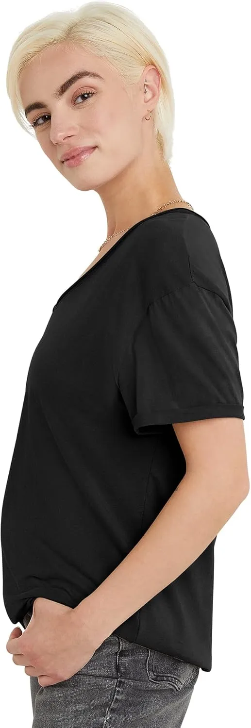 Hanes Women's Originals V-Neck Short Sleeve T-Shirt with Raw Edge, 100% Cotton Tee