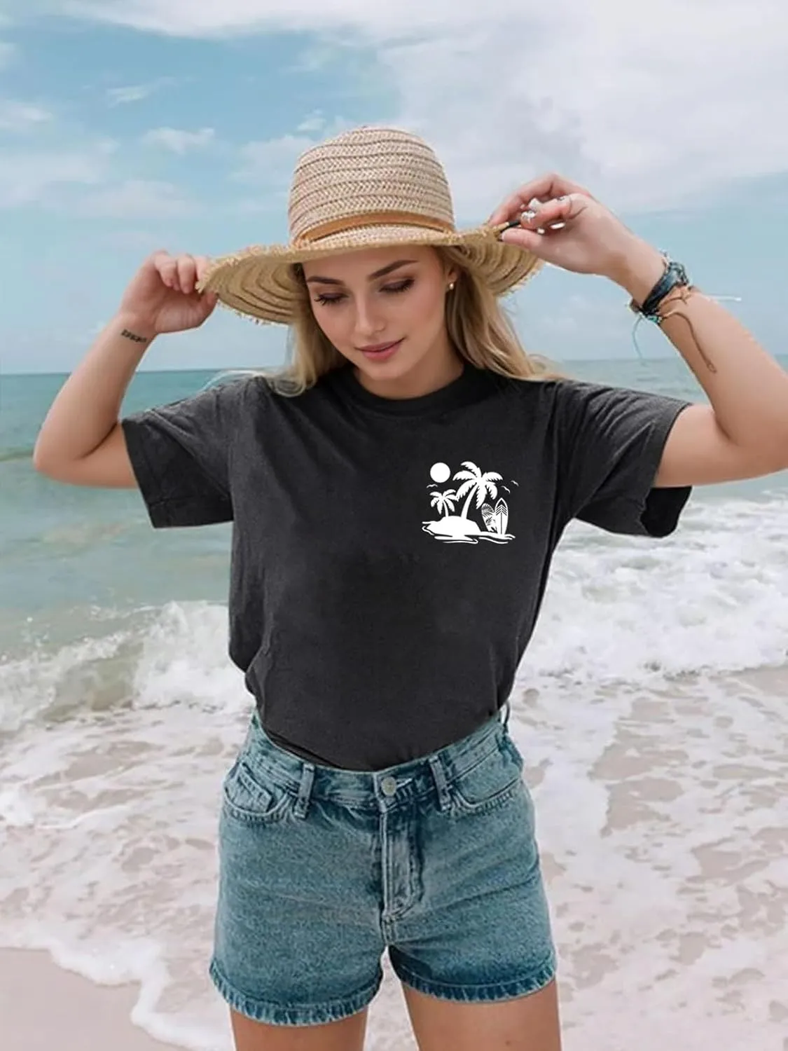 Hawaiian Shirts Womens Beach Tropical Palm Trees Graphic Tshirt Summer Vacation Short Sleeve Tee Tops