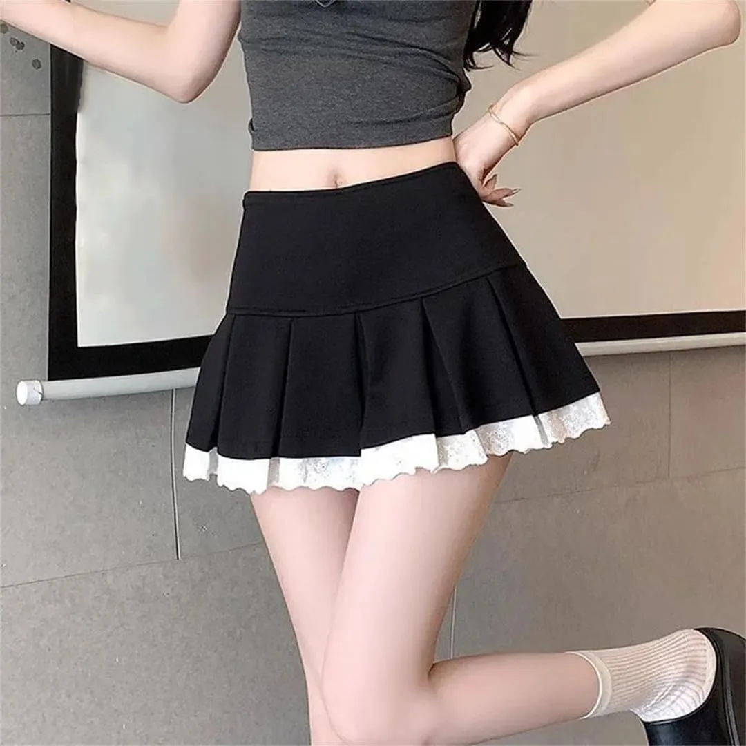 High-Waisted Skirts for Women Korean Fashion Lace Spliced Pleated Skirt
