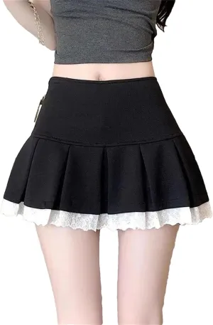 High-Waisted Skirts for Women Korean Fashion Lace Spliced Pleated Skirt