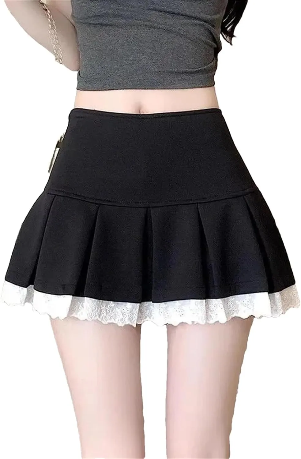 High-Waisted Skirts for Women Korean Fashion Lace Spliced Pleated Skirt