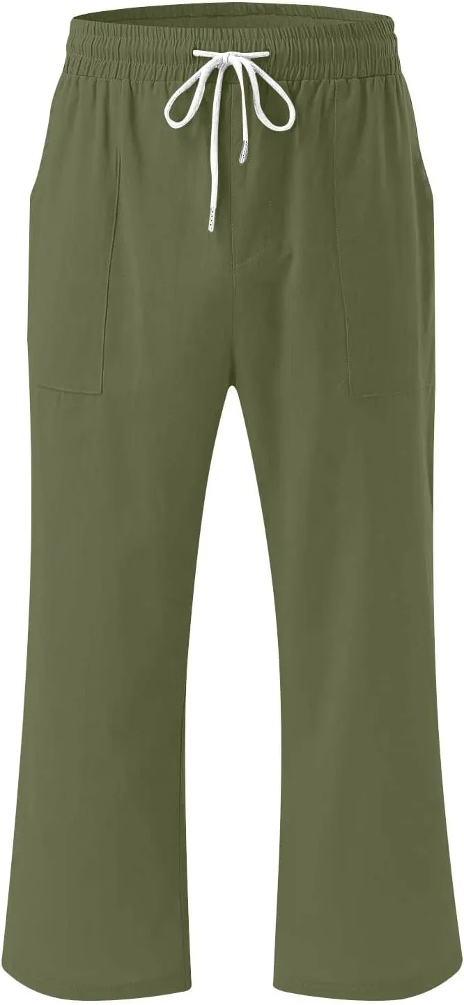 hlysgo Casual Capri Pants for Women Drawstring Waist Straight Cotton Linen Pants 2025 Summer Comfy Beach Cropped Trouser