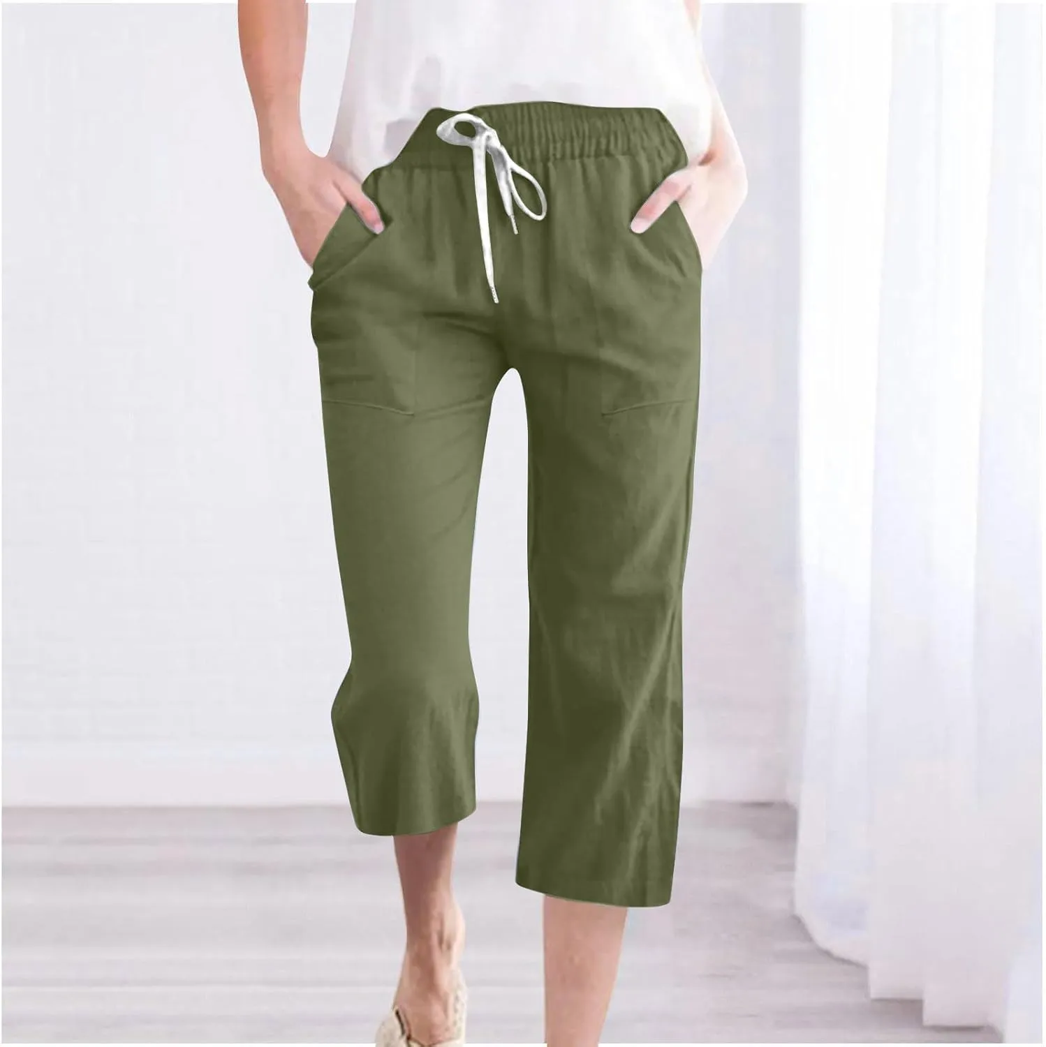 hlysgo Casual Capri Pants for Women Drawstring Waist Straight Cotton Linen Pants 2025 Summer Comfy Beach Cropped Trouser