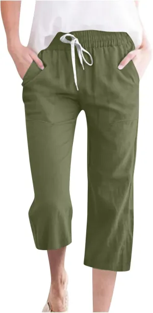 hlysgo Casual Capri Pants for Women Drawstring Waist Straight Cotton Linen Pants 2025 Summer Comfy Beach Cropped Trouser