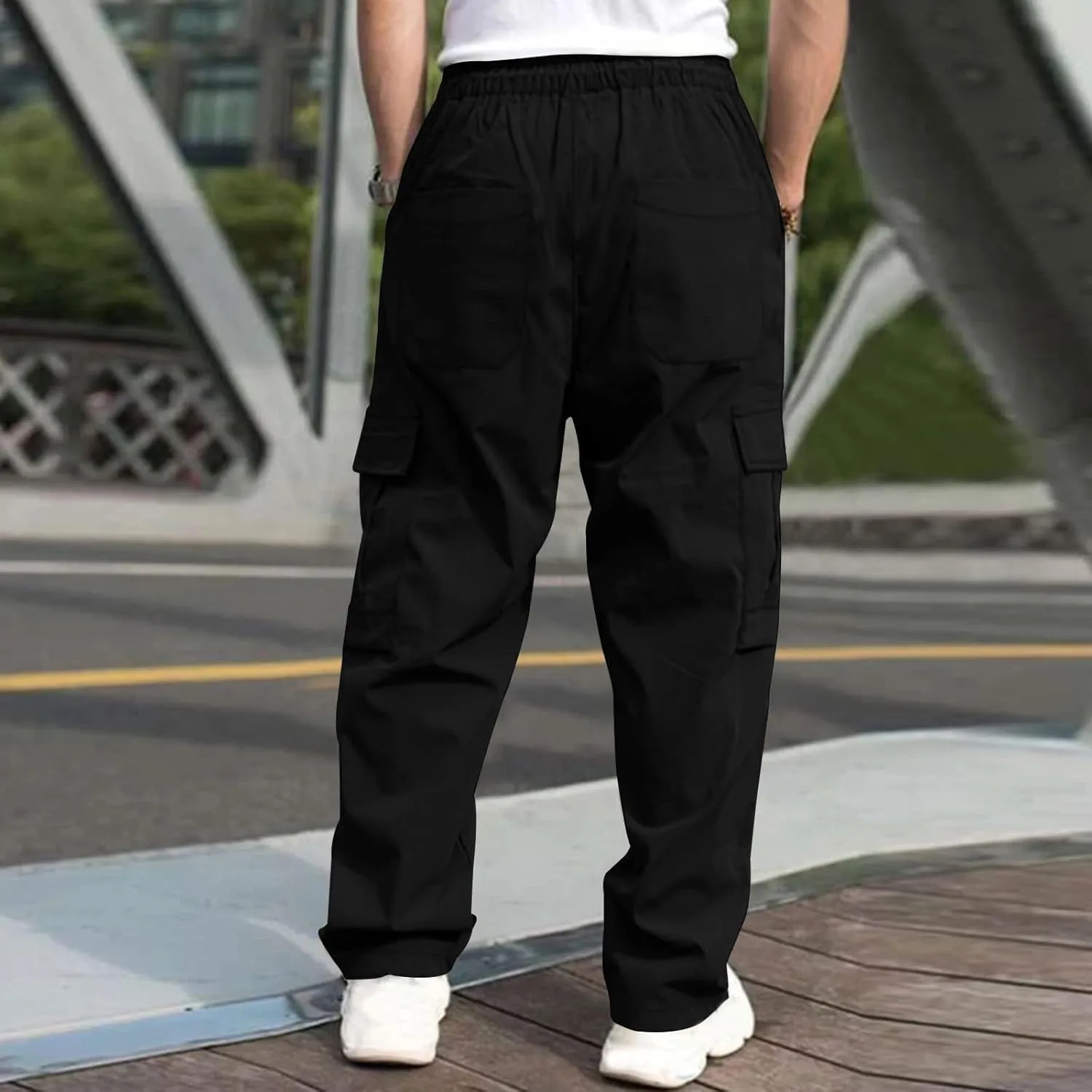 hlysgo Men's Cargo Pants High Waisted Drawstring Wide Leg Straight Pants Casual Loose Fit Cotton Hiking Pants with Pockets