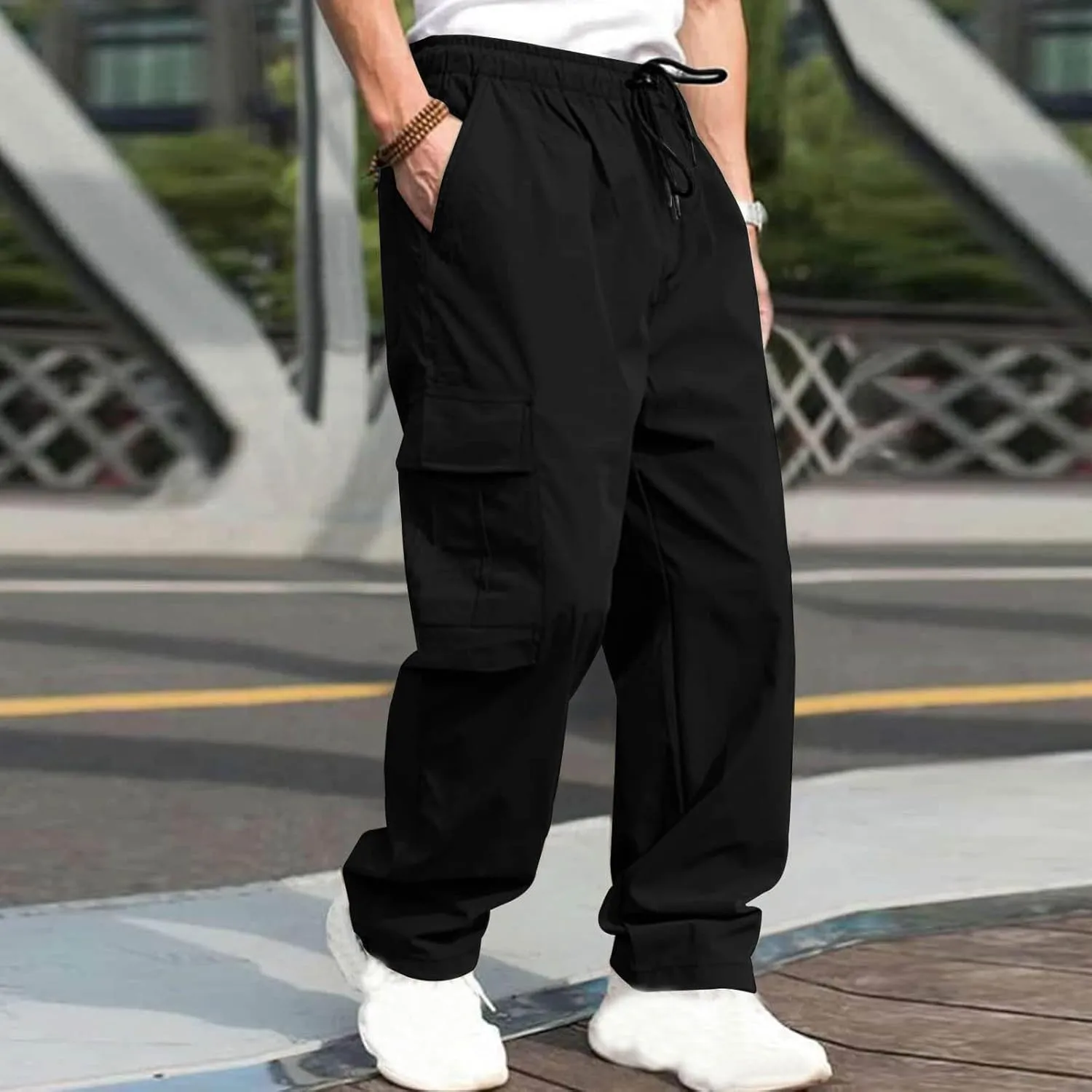 hlysgo Men's Cargo Pants High Waisted Drawstring Wide Leg Straight Pants Casual Loose Fit Cotton Hiking Pants with Pockets