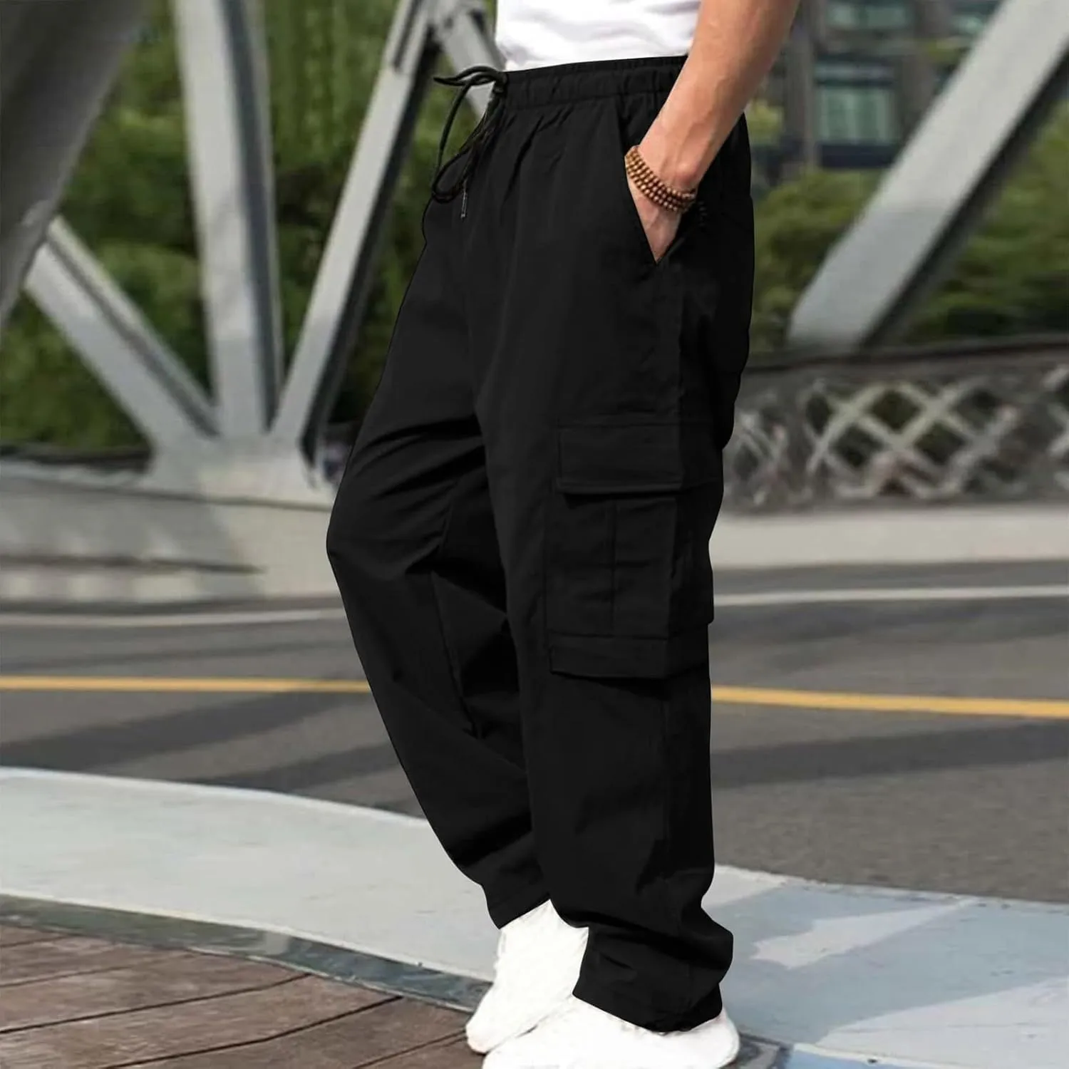 hlysgo Men's Cargo Pants High Waisted Drawstring Wide Leg Straight Pants Casual Loose Fit Cotton Hiking Pants with Pockets