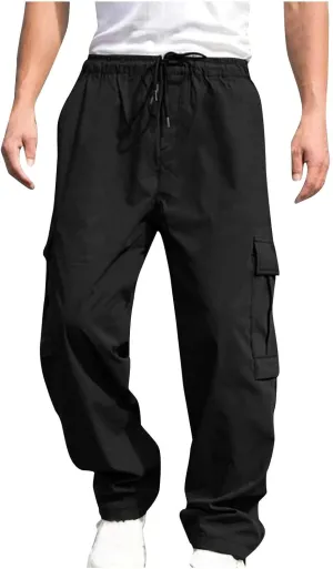 hlysgo Men's Cargo Pants High Waisted Drawstring Wide Leg Straight Pants Casual Loose Fit Cotton Hiking Pants with Pockets