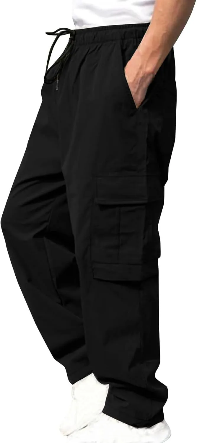 hlysgo Men's Cargo Pants High Waisted Drawstring Wide Leg Straight Pants Casual Loose Fit Cotton Hiking Pants with Pockets