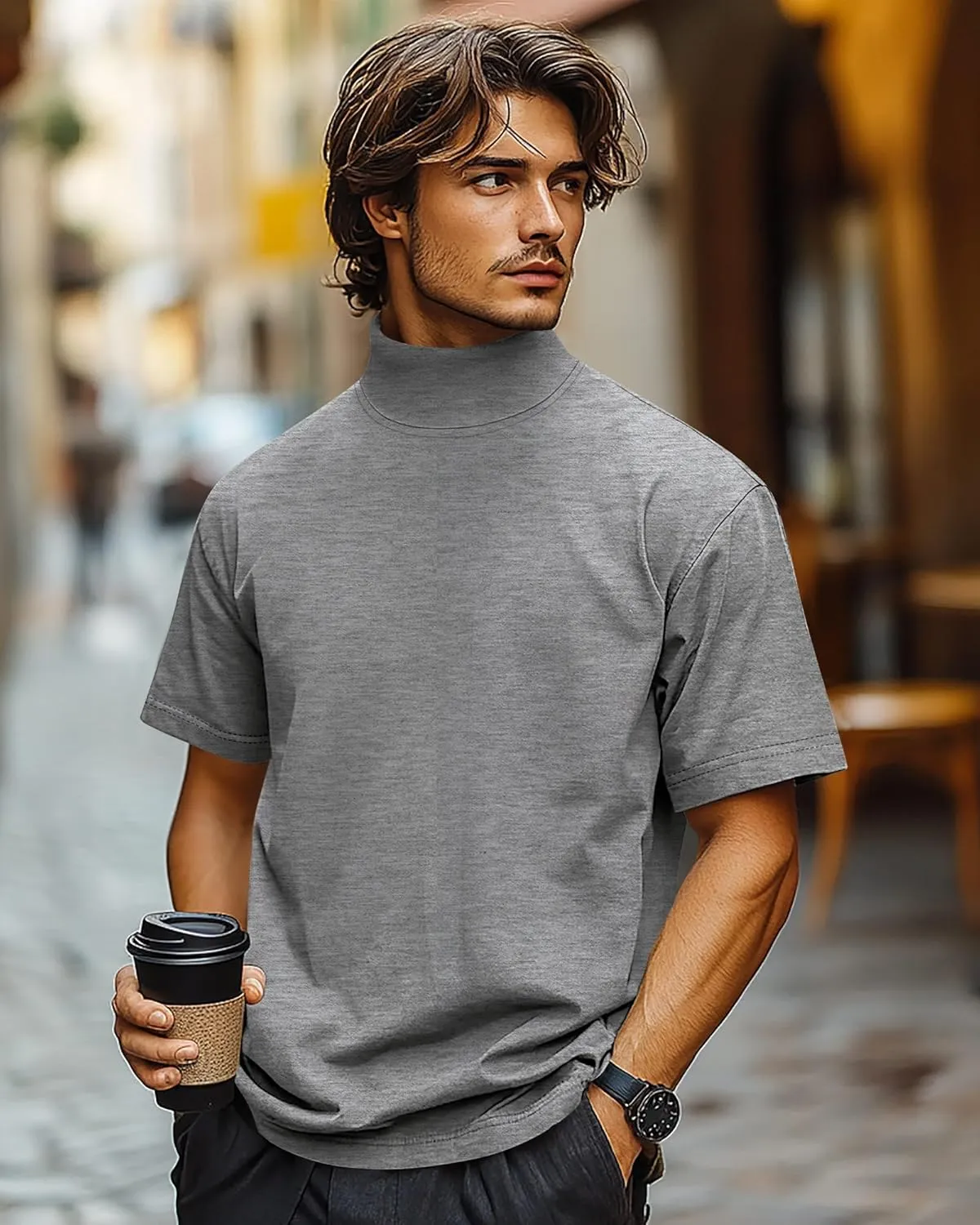 Huukeay 3 Pack Men's Big and Tall Turtleneck Shirt, Cotton Short Sleeve Mock Neck Tops Loose Fit Basic Casual Undershirt Tee