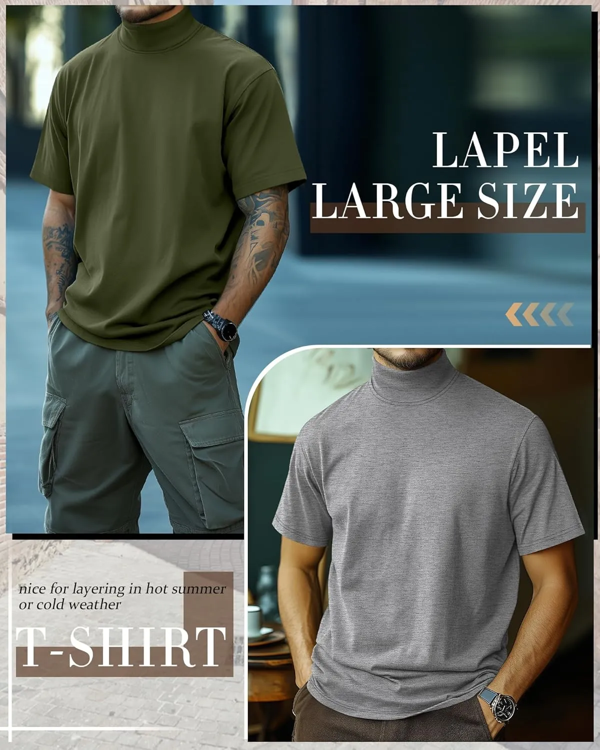Huukeay 3 Pack Men's Big and Tall Turtleneck Shirt, Cotton Short Sleeve Mock Neck Tops Loose Fit Basic Casual Undershirt Tee