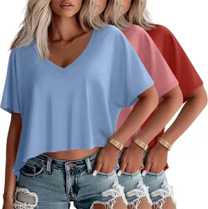 Huukeay 3 Pack Oversized T Shirts for Women Short Sleeve Crop Tops V Neck Irregular Hem Baggy Cropped Tees