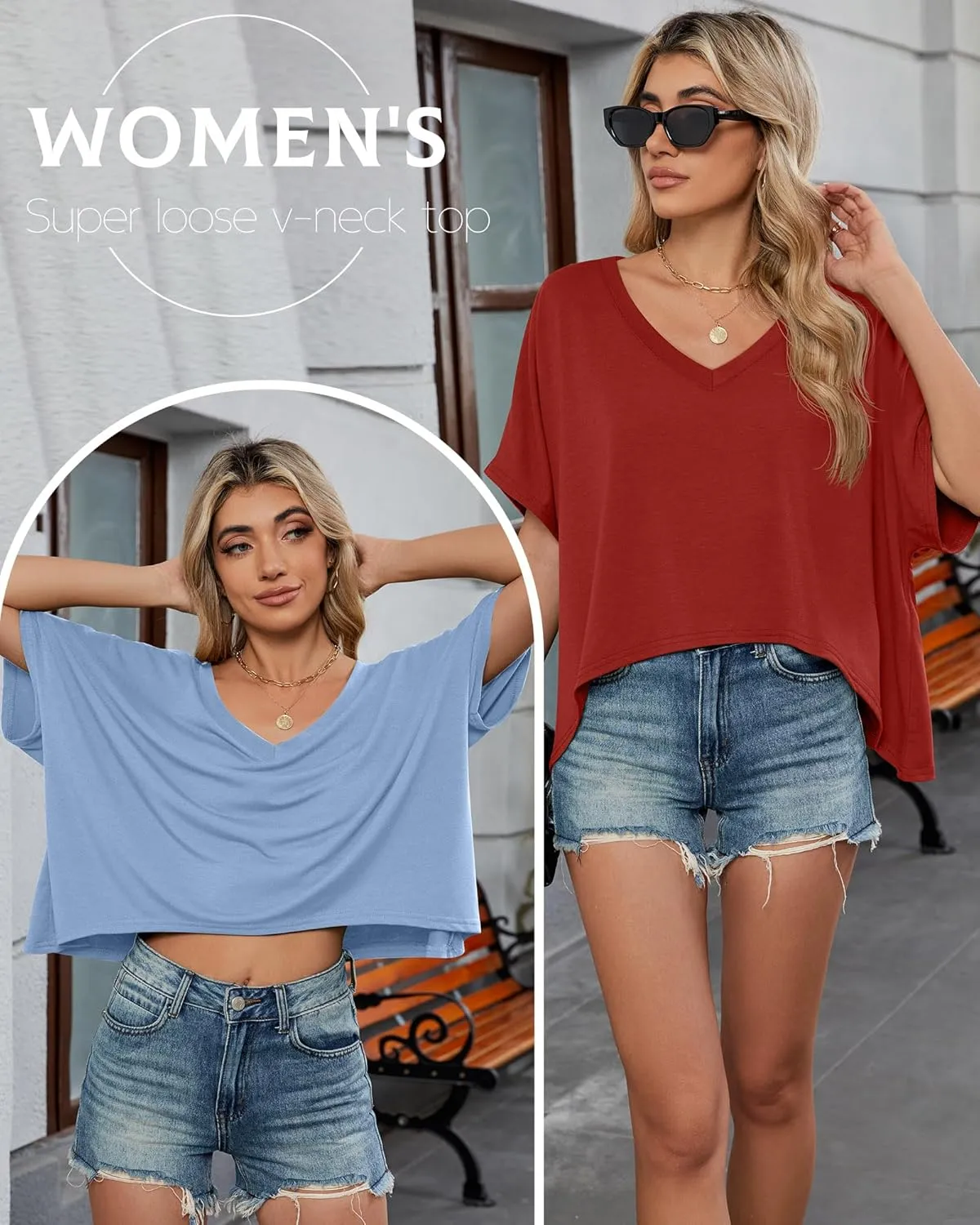 Huukeay 3 Pack Oversized T Shirts for Women Short Sleeve Crop Tops V Neck Irregular Hem Baggy Cropped Tees