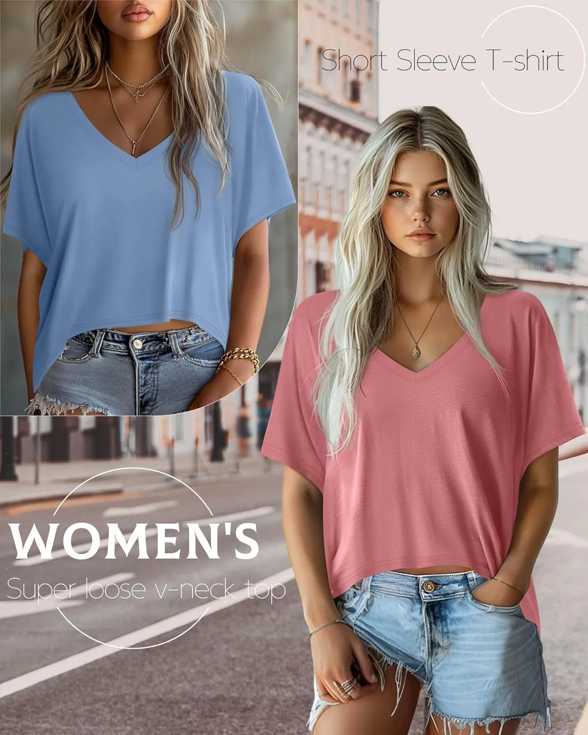 Huukeay 3 Pack Oversized T Shirts for Women Short Sleeve Crop Tops V Neck Irregular Hem Baggy Cropped Tees